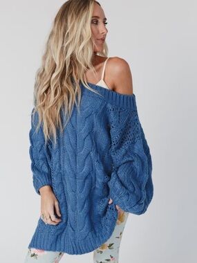 Golden Hour Bubble Sleeve Sweater Dress Blue Women L